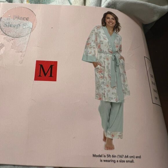 NWT FLORA NIKROOZ Medium 3 Piece Sleep Set Robe Tank Pant Super Soft Green White - Picture 5 of 10